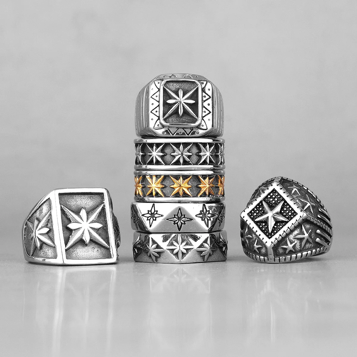 Polaris Star Flower Stainless Steel Mens Rings Simple Trendy Retro for Male Boyfriend Biker Jewelry Creativity Gift Wholesale