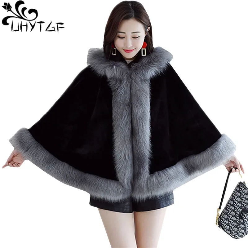 

UHYTGF Autumn Winter ponchos and capes quality Woolen short coat Bat-type hooded cloak shawl elegant womens coats cape femme 352