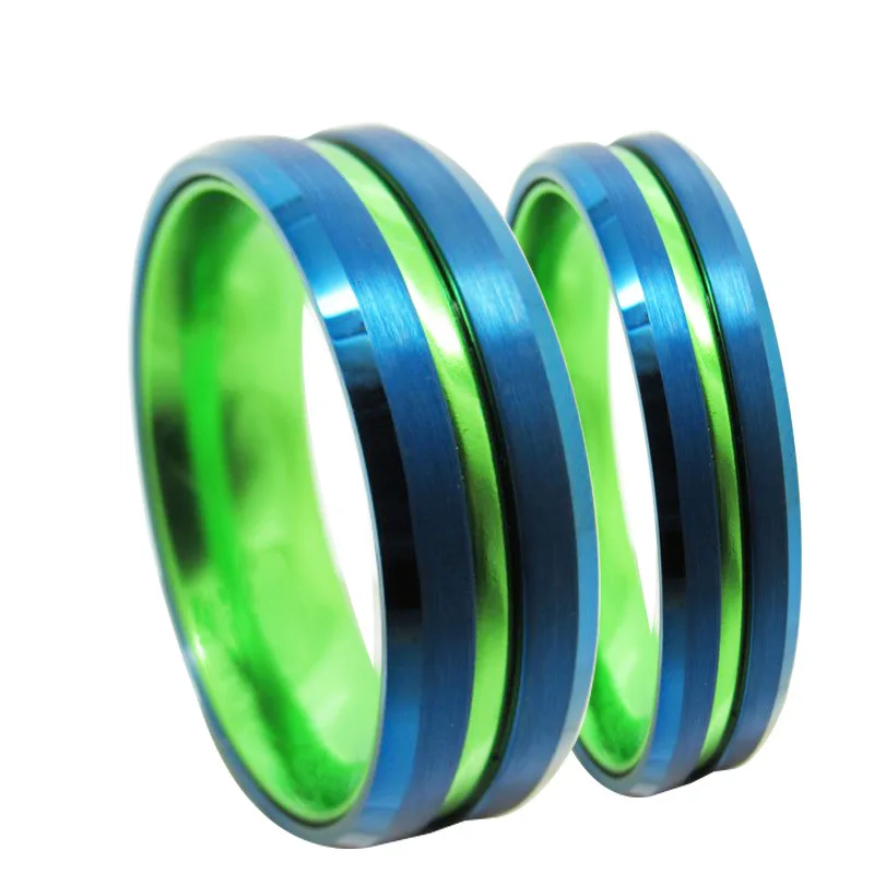 6mm/8mm Tungsten Carbide Bands Royal Blue Brushed Satin Finish Lime Green Recessed Stripe Anodized Aluminum Inner Wedding Ring