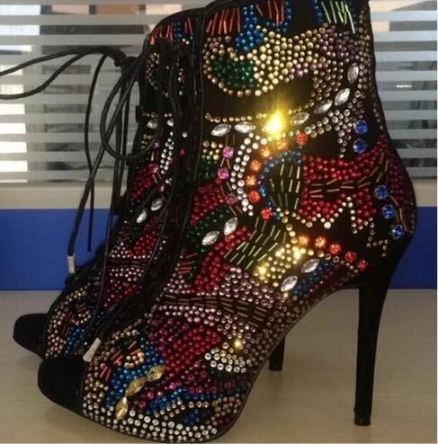 Designer Women Multi-Color Crystal Ankle Boots Open Toe Lace-Up Exquisite Colorized Rhinestone Booties Thin High Heels