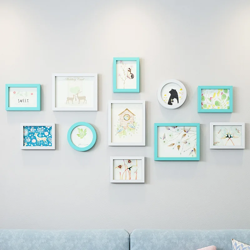 Modern Cute Pattern Wall Hanging Photo Frames Set 11pcs Wooden Picture Frames Suit Sofa Bed Livingroom Wall Decor Photo Frame