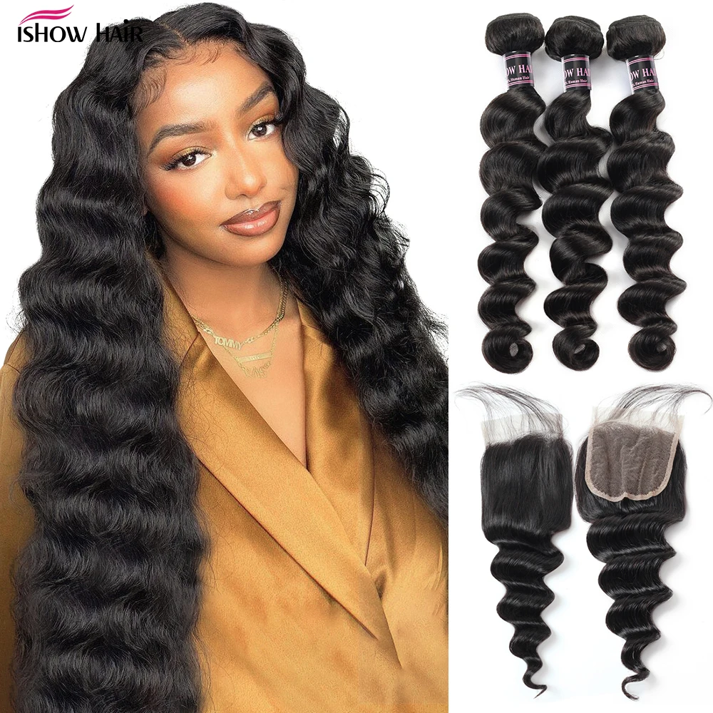 

Ishow Свободные пучки глубоких волн с застежкой Бразильские пучки человеческих волос с кружевной застежкой 4x4 Густые наращивание человеческих волос