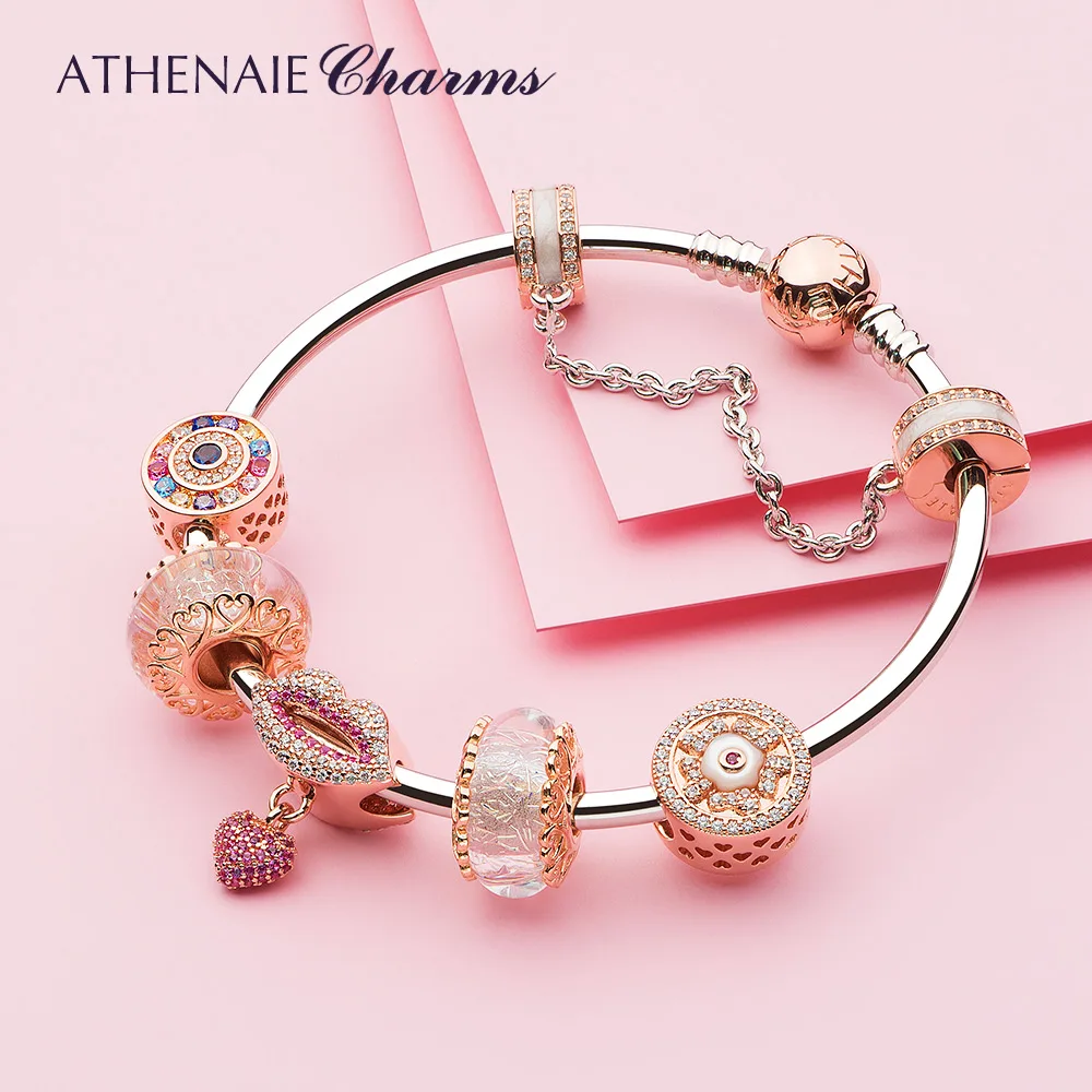 ATHENAIE 925 Sterling Silver Bangle With Silver Alloy Charms True Love Kiss Lips Beads Bracelet Jewerly Valentine Day Gift