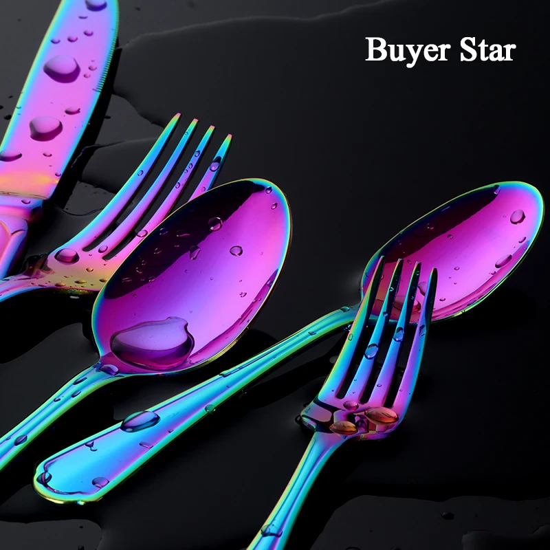 Drop shipping  Stainless Steel Cutlery Set Colorful tableware metal steak knife salad fork soup coffee spoon for kitchen hotel
