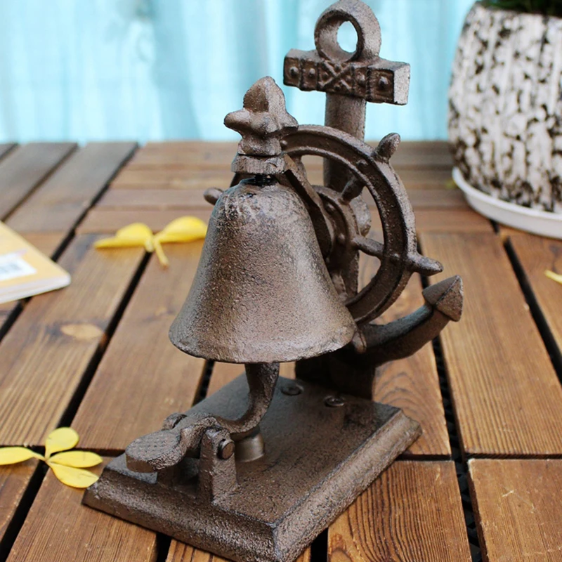 Mediterranean Sea Accents Vintage Rudder Design Cast Iron Coffee Bar Tabletop Decor Hand Ringing Food Service Call Dinner Bell