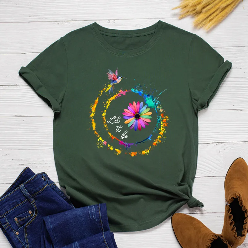 European And American Fashion Flowers Harajuku Print Women's T-shirt Loose Round Neck Cotton Short Sleeve Top Tees