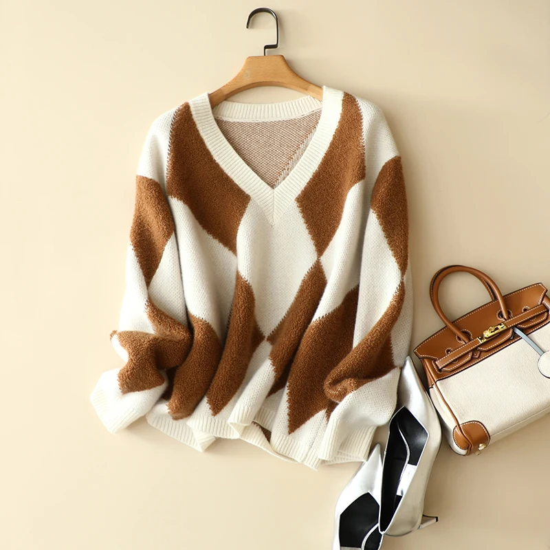 100% Cashmere Sweater Women Casual Style 2 Colors Loose Patchwork Pullover Sweatshirt V Neck Long Sleeves New Fashion