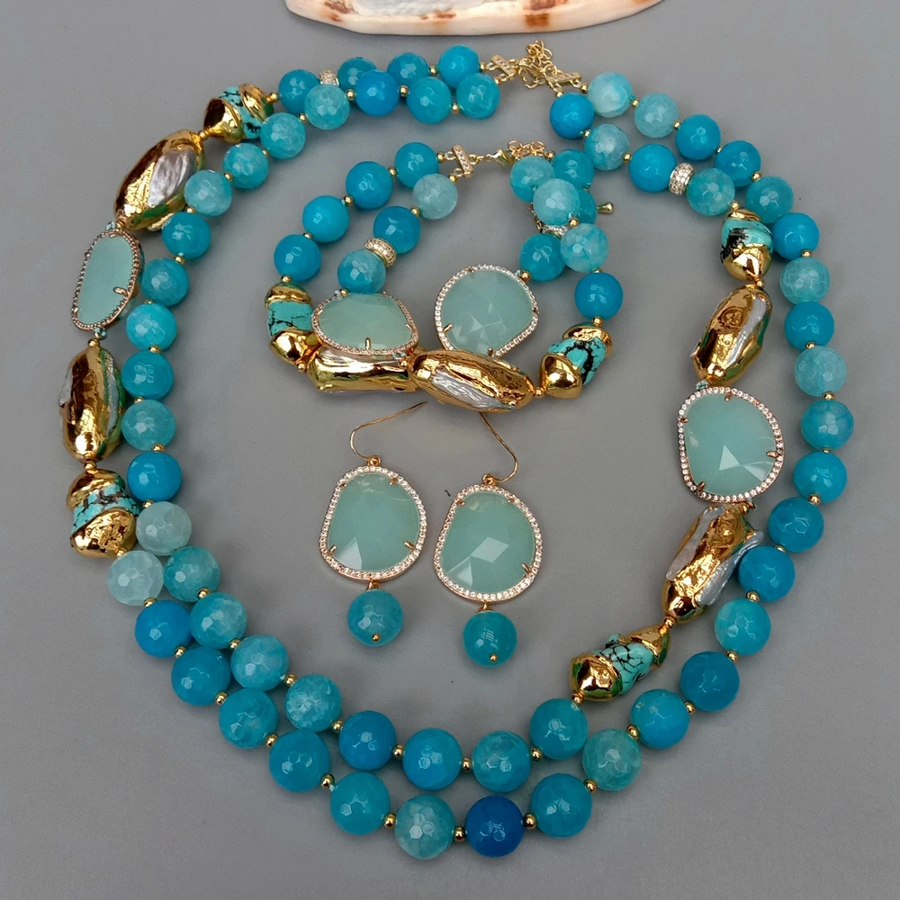 2 Rows Blue Faceted Agate Turquoise Cultured White Biwa Pearl Crystal Necklace Bracelet Earrings Set