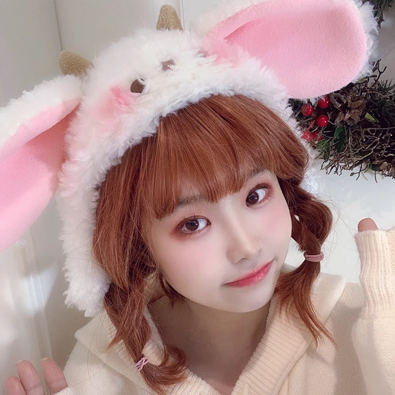 

Women Winter Beanies Cartoon Animal Lolita Hat With Sheep Ear Plush Beret Lamb Cashmere Handmade Kawaii Cosplay Anime Hats