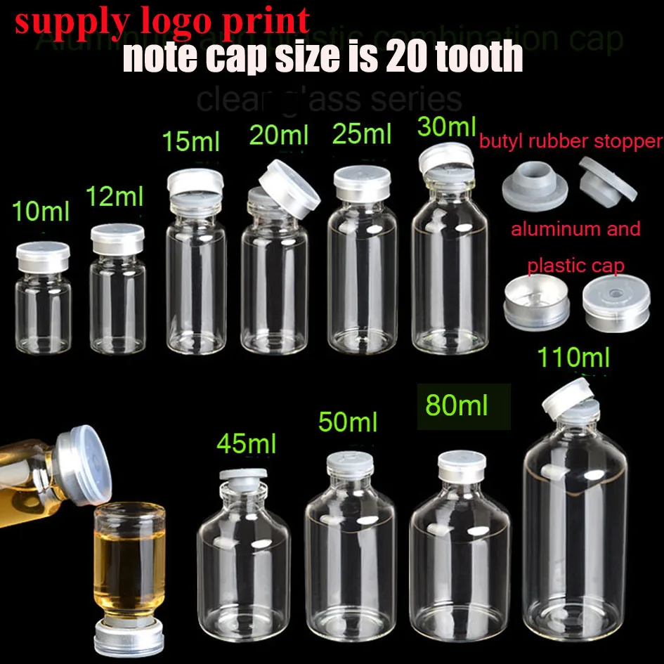 50set/lot 10ml 12ml 15ml 25ml 30ml 40ml 50ml 20 tooth cap Injection vials small glass medicine bottles Experimental test bottle