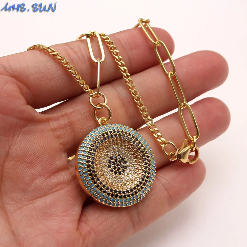 MHS.SUN Mosaic Round Cubic Zirconia Pendant Necklace Fashion Women Chain Chokers Hiphop Copper Jewelry Men Gifts For Party 1PC