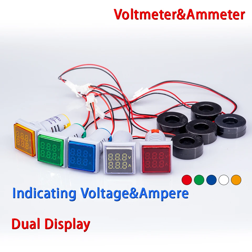 22mm 60-500V 0-100A Led AC Digital Voltmeter Ammeter Signal Lights 220V Voltage Current Meter Volt Amp Indicator Tester Detector