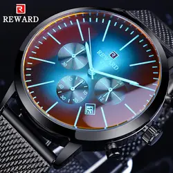 REWARD-Reloj de pulsera de cuarzo para hombre, cronógrafo con correa de malla de acero inoxidable, diseño de cristal sinfónico, tres esferas, calendario, marca superior de lujo, color negro