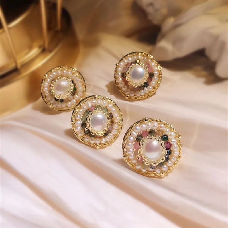 

S925 Sterling Stud Earrings For Women Vintage Fine Jewelry Imitation Pearls Tourmaline Multilayer Earstuds