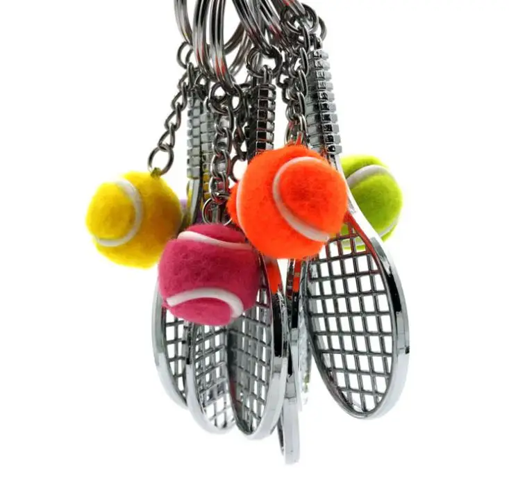 100pcs/lot Alloy Key Chains Tennis Ball Racket Multiple Color Casual Sporty Style Men Women Teenager KeyRing KeyChain SN1907