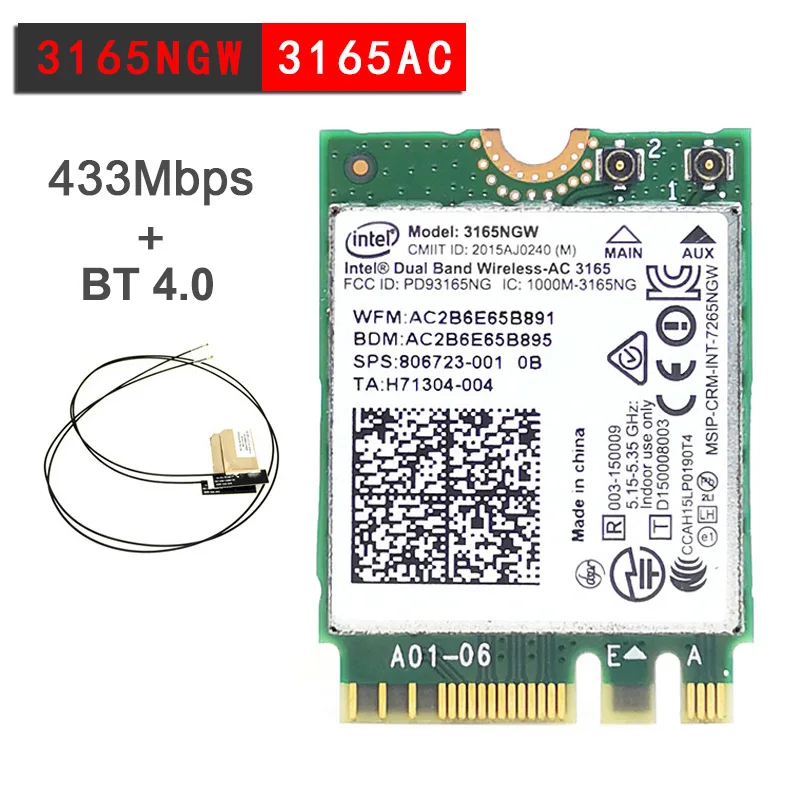 Placa sem fio de banda dupla WLAN, 2.4G, 5Ghz, AC 3165, 3168, NGFF, 802.11AC, WiFi 3165NGW, M.2, Bluetooth 4.0, Placa de rede, 2 Antenas