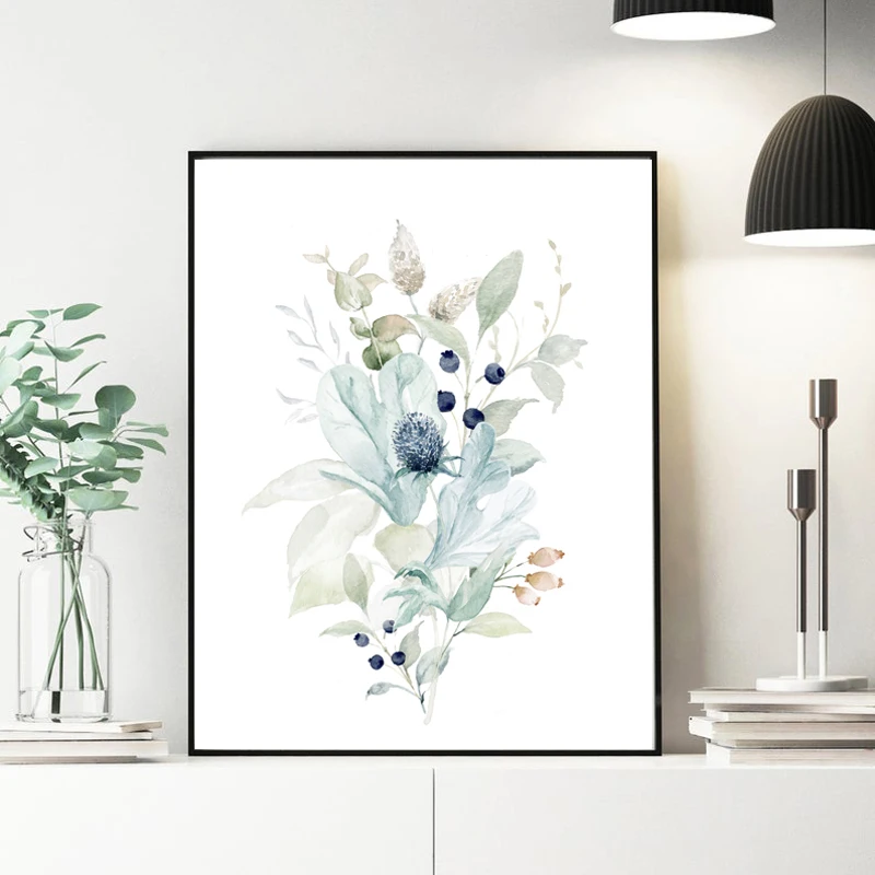 Pintura de flores azules de acuarela, impresiones en lienzo, ramo de flores silvestres, carteles de plantas florales, imágenes de pared para decoración de sala de estar