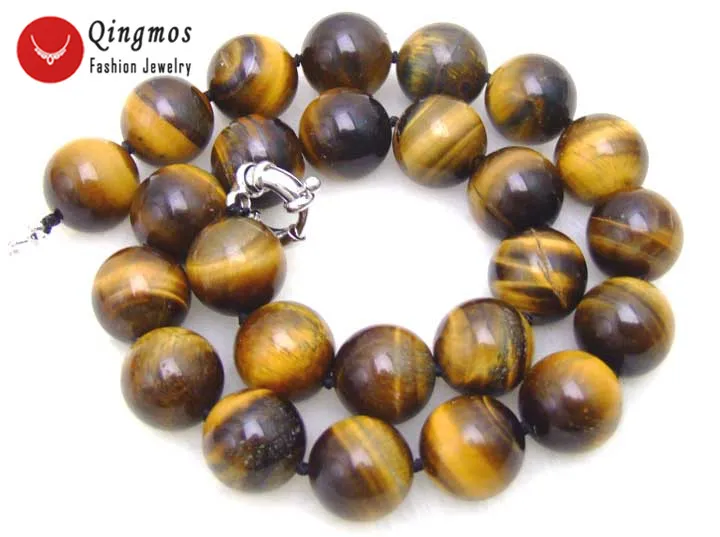 

Qingmos Fashion 14mm Round Natural Yellow Tiger's-eye Necklace for Women with Genuine Stone Necklace Jewelry Choker 17"