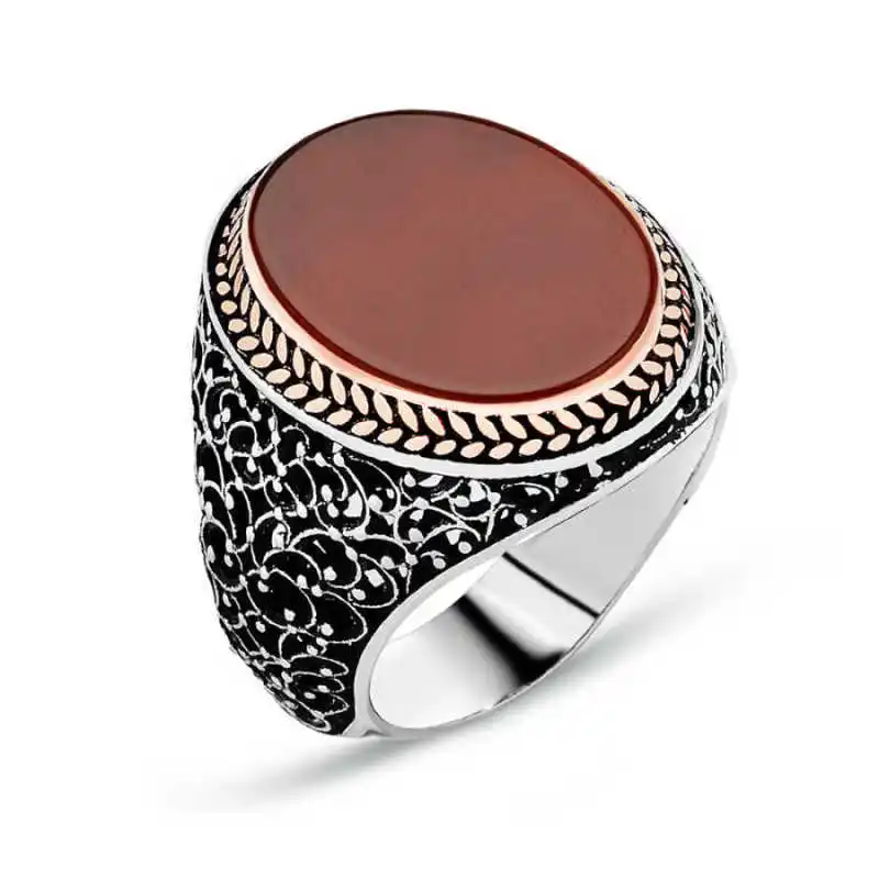 Silver Plain Agate Stone Men's Ring - 925 Sterling Men's Jewelry Wedding Birthday Gift - Box - Agate Stone - Men - Fashion - Botiva - Size - Turkish - Patterned Embroidery