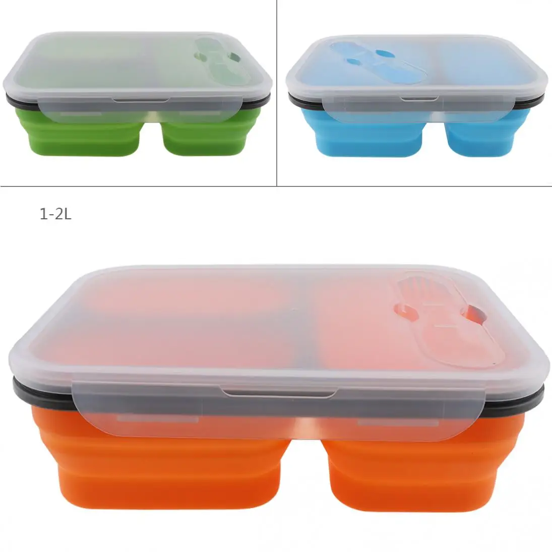 1350ML Rectangle Three Lattice Silicone Scalable Folding Lunchbox with Spoon Fork Dual Purpose Tableware for - 40~230 Centigrade