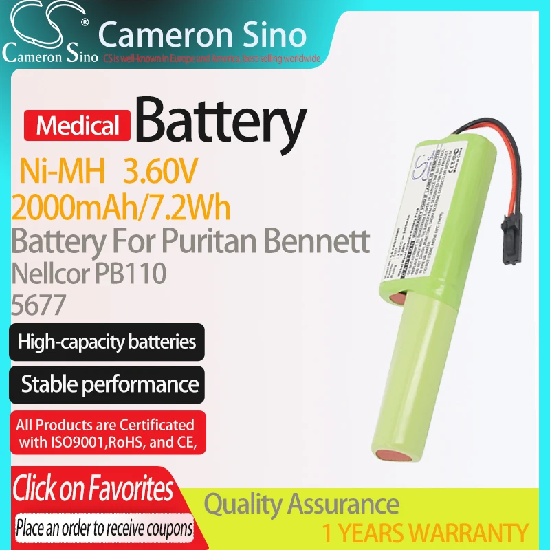 CameronSino Battery for Puritan Bennett Nellcor PB110 fits 5677 Medical Replacement battery 2000mAh/7.2Wh 3.60V Ni-MH Green