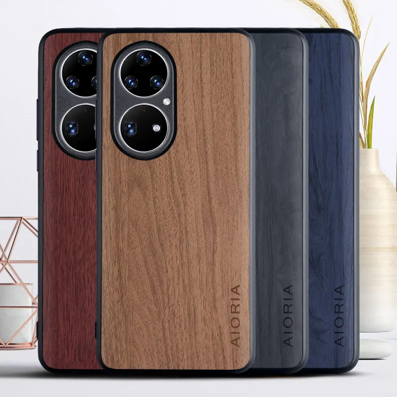 Case for Huawei P50 Pro P50 funda unique design lightweight anti scratch wood pattern PU leather Skin Phone Cover coque