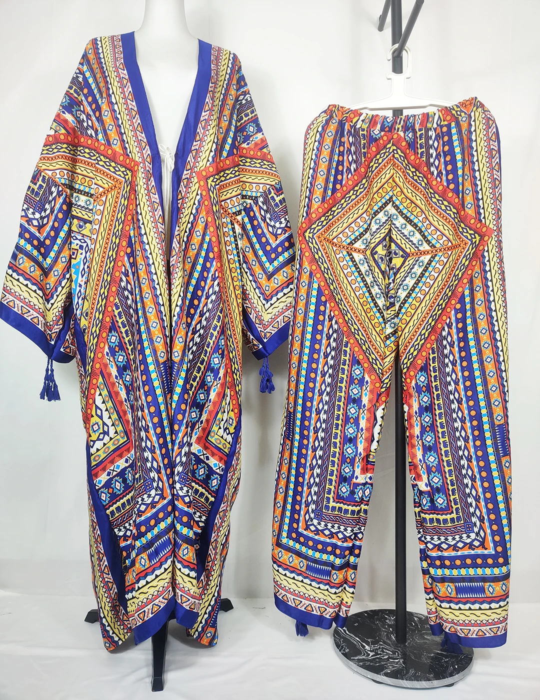 African Women Fashion Outfits Printed Two Pieces Set Plus Size Bohemian Kuwait Loose Kaftan Pants +Long Kimonos For Party