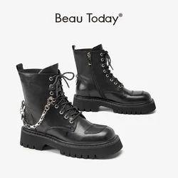 BeauToday buty motocyklowe platforma kobiety krowa skórzane botki metalowy łańcuszek wystrój boczny zamek błyskawiczny Punk damskie buty Handmade 03863