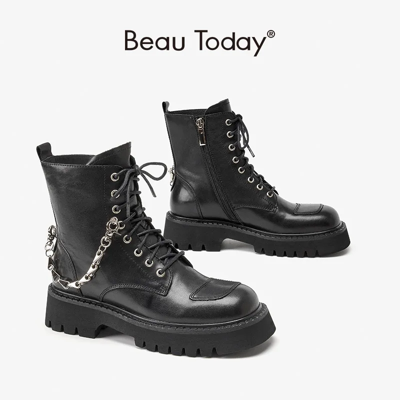 BeauToday Motorcycle Boots Platform Women Cow Leather Ankle Boots Metal Chain Decor Side Zipper Punk Ladies Shoes Handmade 03863