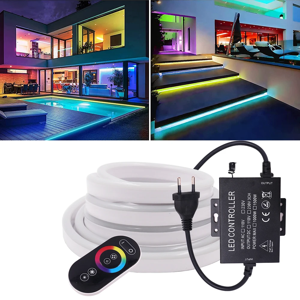 AC 220V 110V Neon RGB Strip wodoodporny Neon odkryty wystrój wnętrz ue usa AU UK zestaw ze zdalną elastyczną wstążką 5050 LED Strip