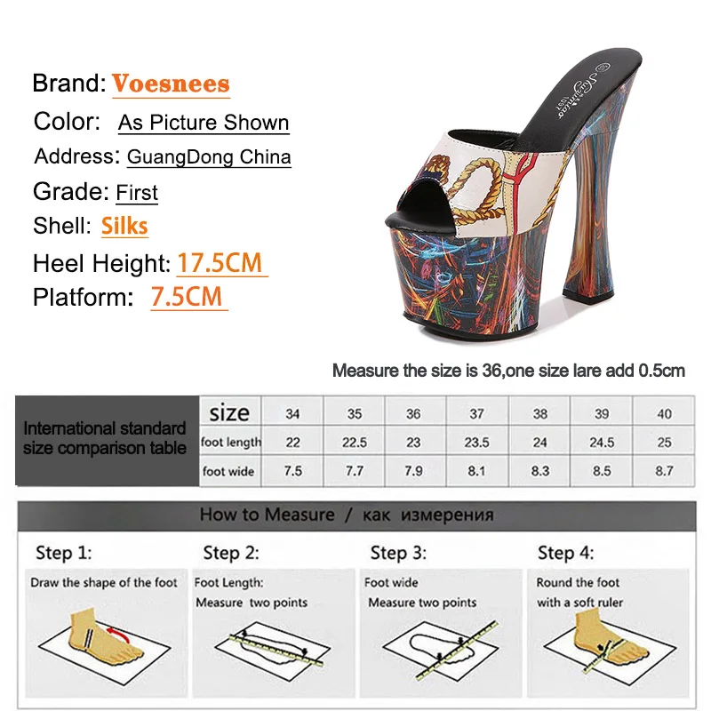 Voesnees New Silk Women Slippers Fashion Printing Summer High Heel Sandals Waterproof platform 17.5CM Slides Party Shoes Size 43