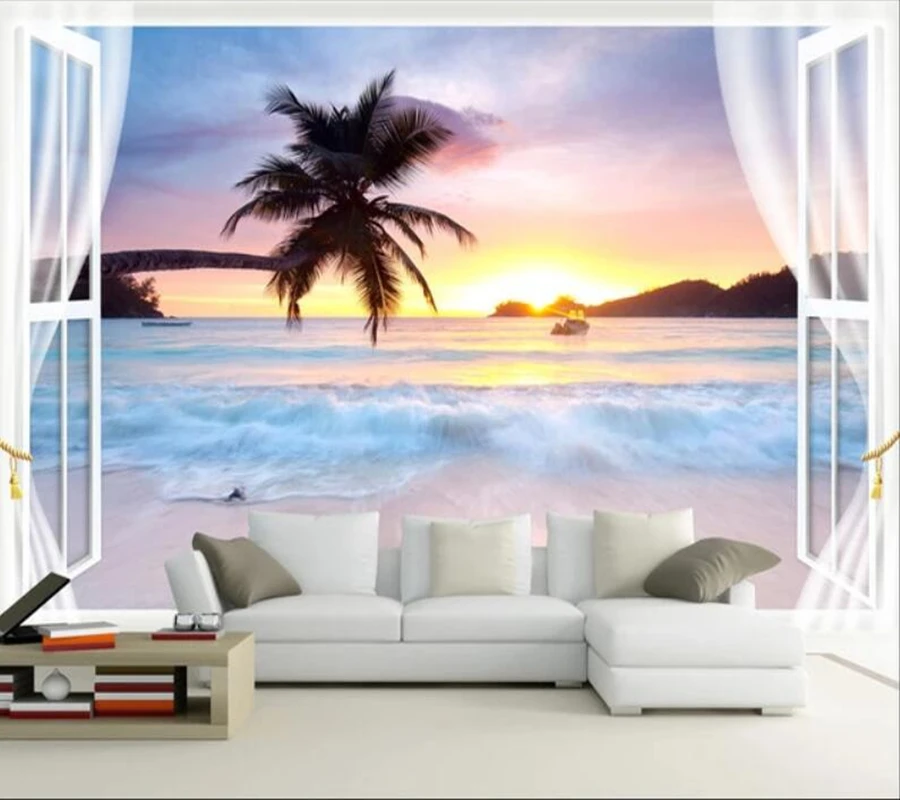 

Sea view outside the window 3D seagull coconut tree stereo wallpaper landscape living room bedroom wall papers home decor mural