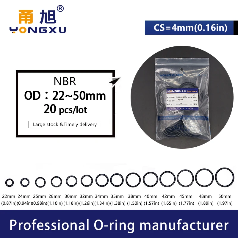 20PCS/Lot Black NBR Sealing O Ring CS4mm OD22/24/25/28/30/32/34/35/38/40/42/45/48/50*4mm Seal Rubber Gasket Rings Washer