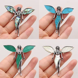 2021 New Abalone Shell Carved Angel Pendant Brooch Malachite Alloy Vintage Charms Pins for Women Gift Jewelry Brooches Necklace