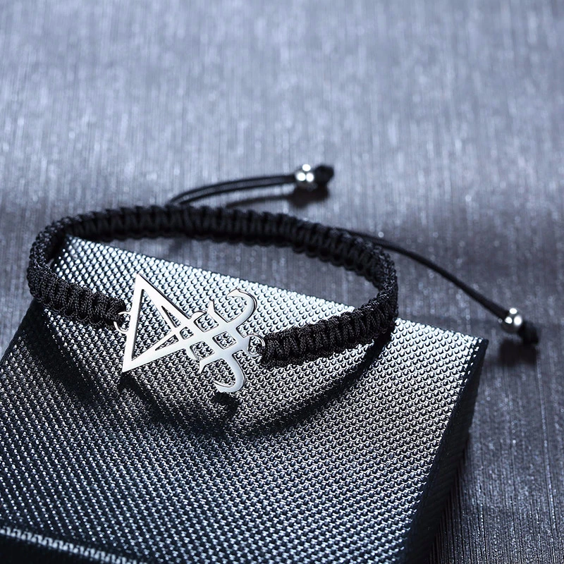 ADJUSTABLE BLACK BRAIDED WITH STAINLESS STEEL SATANIC LEVIATHAN CROSS SIGIL OF LUCIFER BRACELET FOR MEN UNISEX JEWELRY