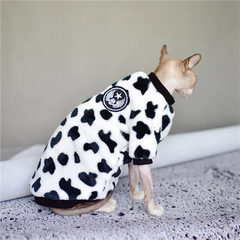 DUOMASUMI-Cow Style Hairless Cat Clothes, Double-sided Coral Fleece, Winter Outfits, Thick Warm Sweater, Sphynx Cat Apparel