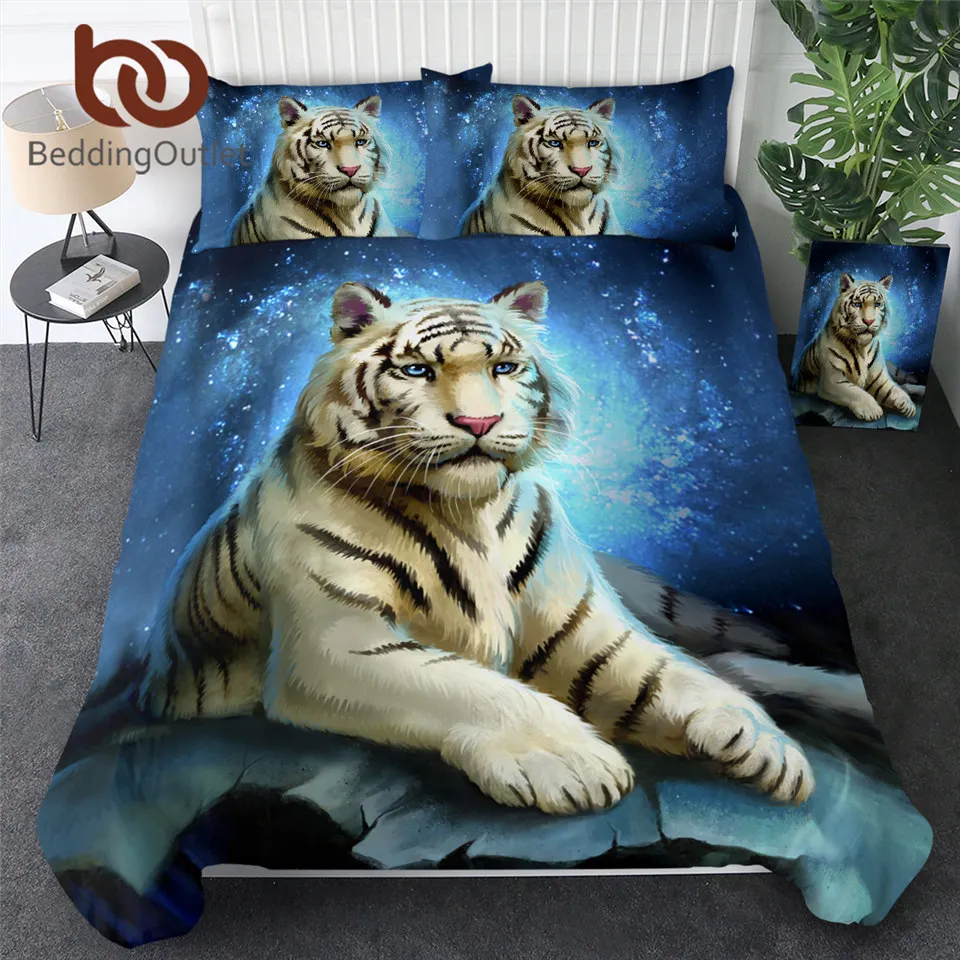 

BeddingOutlet Tiger Bed Set King Galaxy Quilt Cover Watercolor Home Textiles Wild Animal Bedclothes Blue Night Sky Bedding Set