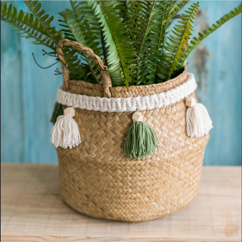 Cestas De Mimbre Decorativas Rattan Basket Bohemian Tassel Wicker Basket Garden with Macrame Tassel Home Organizer Panier Osier