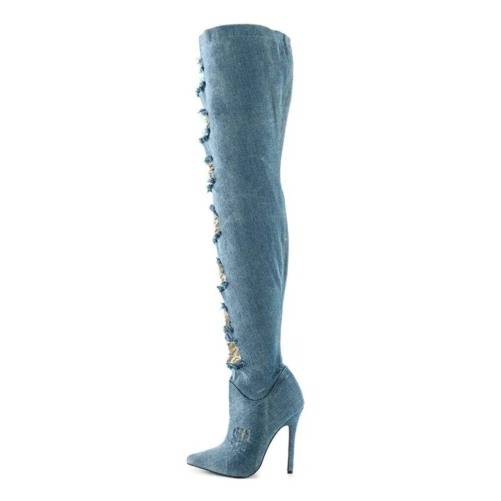 

Women Boots Thin Heels High Heel Over The Knee Boots Lace Splicing Cowboy Denim Boot Spring Autumn Holed Thigh Boots Blue Shoes