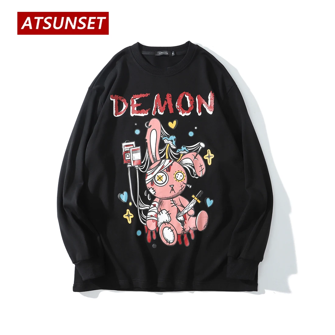 

ATSUNSET Injured Doll Bear Print Sweatshirt Autumn Cotton Pullover Hip Hop Street Retro Style Round Neck Pocket Hoodie Tops