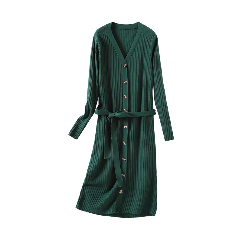 

2021 autumn and winter new retro-western-style long cardigan over the knee waist thin single-row button-down sweater dress