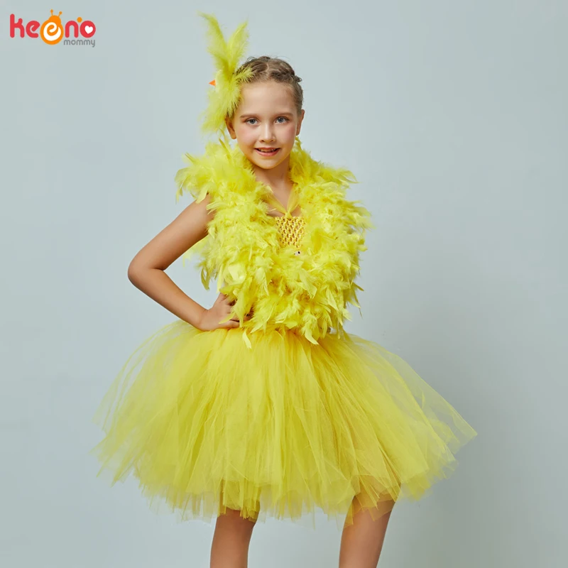 Yellow Chicken Tutu Dress Girls Kids Farm Animal Party Halloween Costume Feather Wings Children Cake Smash Photo Tulle Dress