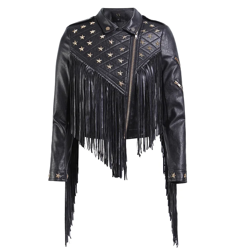 

2020 New Women Biker Leather Jacket Tassels Female PU Leather Nail Star Short Fold-down Collar Zipper Fringed Punk Coats DB199