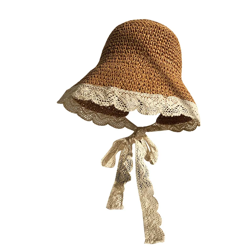 Sombrero de cubo de encaje para mujer, sombrero de paja de ala ancha, lado de playa, flexible, encaje, flecos sólidos, Verano