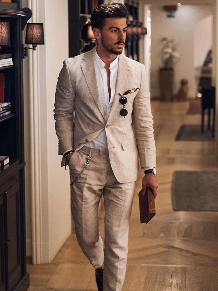

ANNIEBRITNEY Casual Beige Linen 2 Piece 2020 Summer Suit Custom Slim Fit Smart Casual Office Suit Summer Groom Wedding Tuxedo