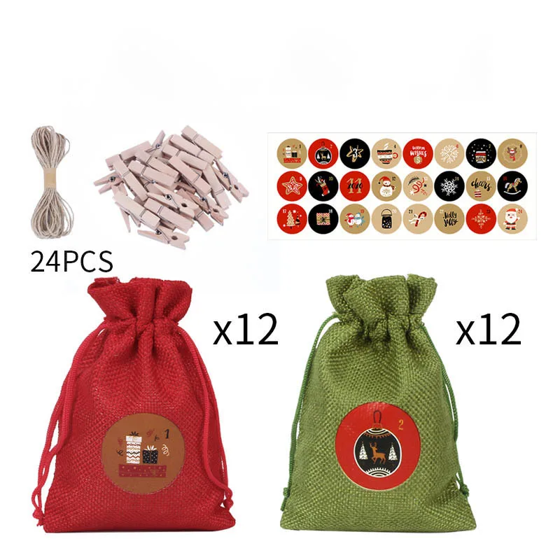 Christmas Advent Calendar Countdown Bag Sack Hanging Gift Pouch With Clips Stickers 24PCS 2021 Christmas Advent Calendar Bags