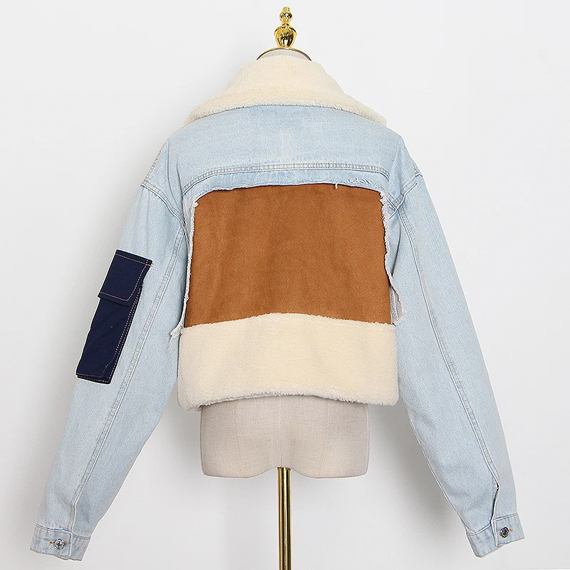 TWOTWINSTYLE Patchowrk Lambswool Denim Jacket For Women Lapel Long Sleeve Tassel Casual Coat Female 2022 Winter Fashion New