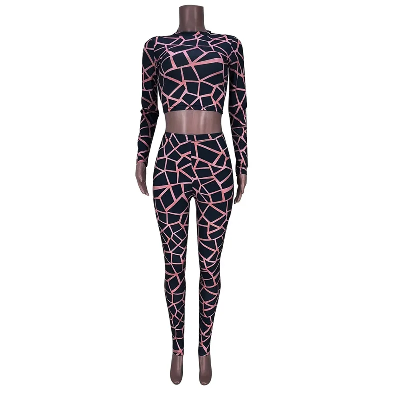 Plaid Printing 2 Piece Sets Womens Outfits Club Wear Long Sleeve Crop Top and Pant Suits Sexy Party Birthday Bodycon Co Ord Set