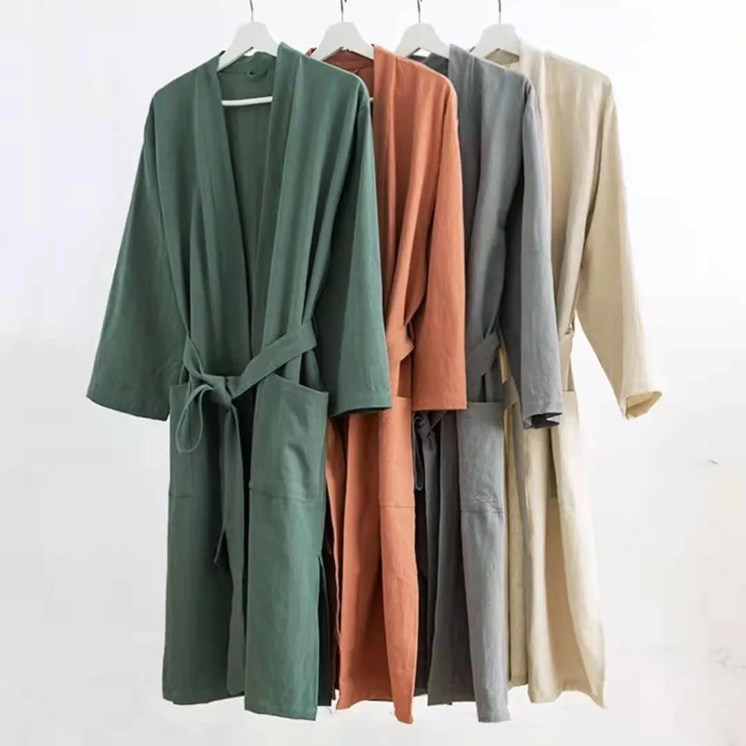 Jubah Mandi Pasangan Natural Sederhana Katun Linen Solid Wanita Kaftan Sleeprobe Gaun Kimono Jepang Pria Baju Rumah Longgar