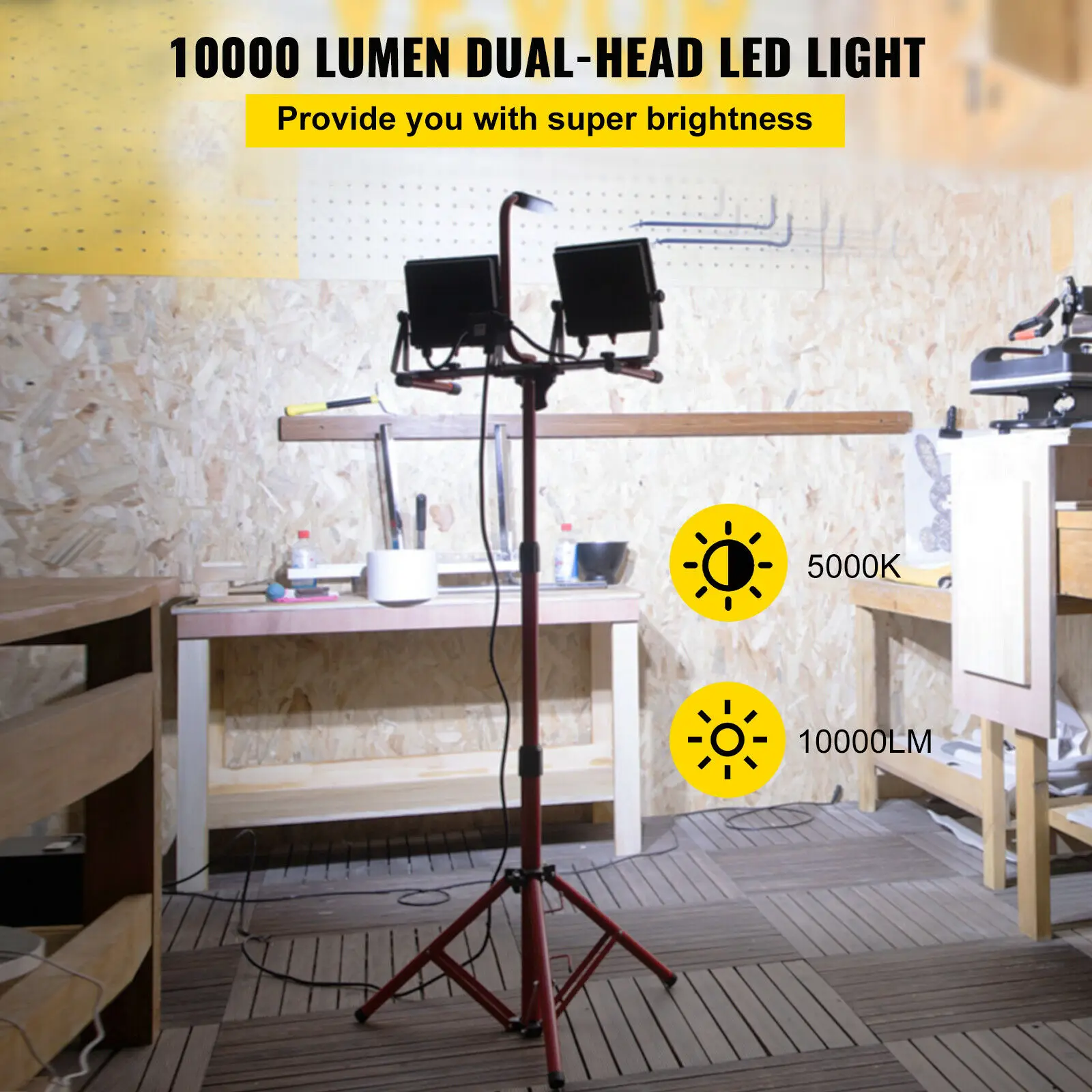 VEVOR 2 PCS Dual-Head Led Work Light 10000 Lumen 100W 5000K 360° Horizontally 270° Vertically W/ Tripod 27.6